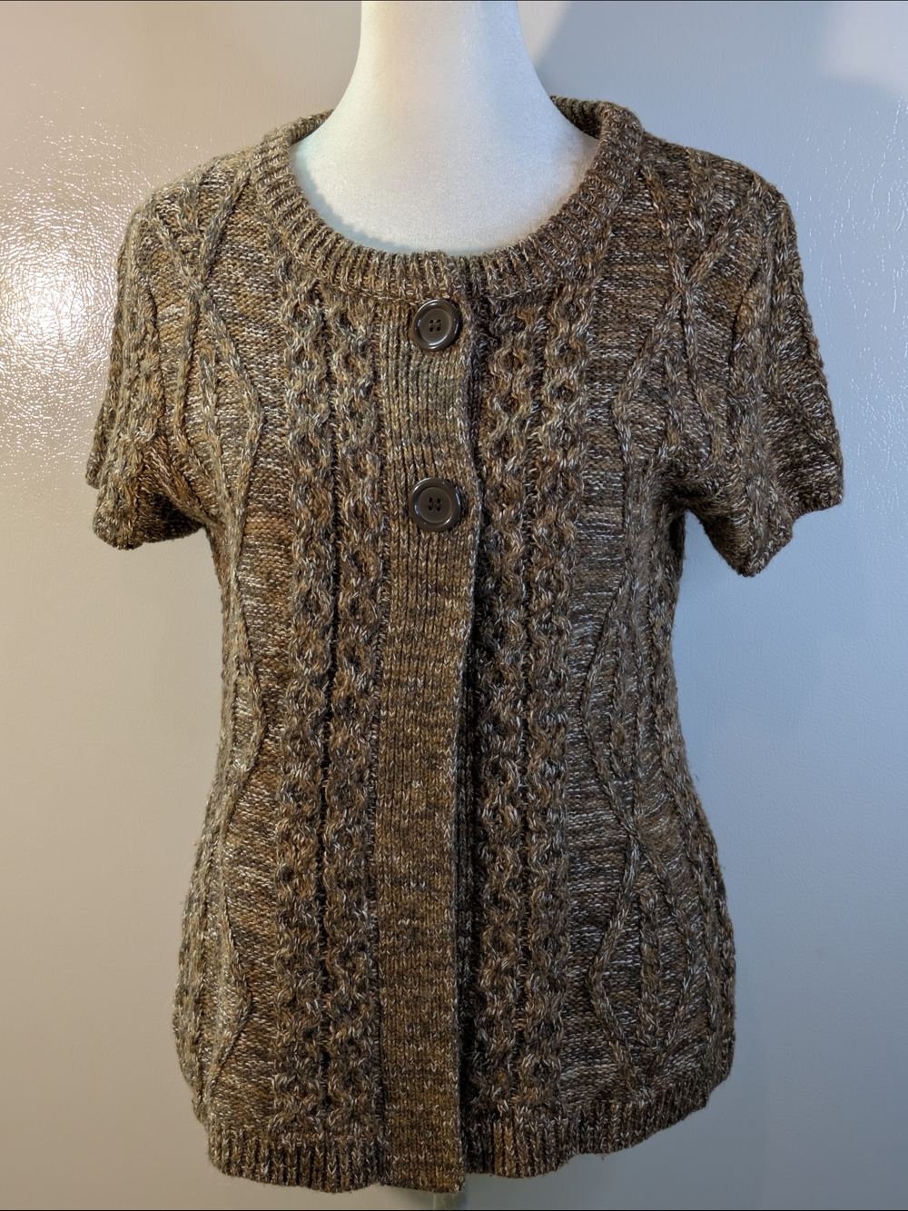 Dress Barn Brown Short-Sleeve Cable Knit Cardigan